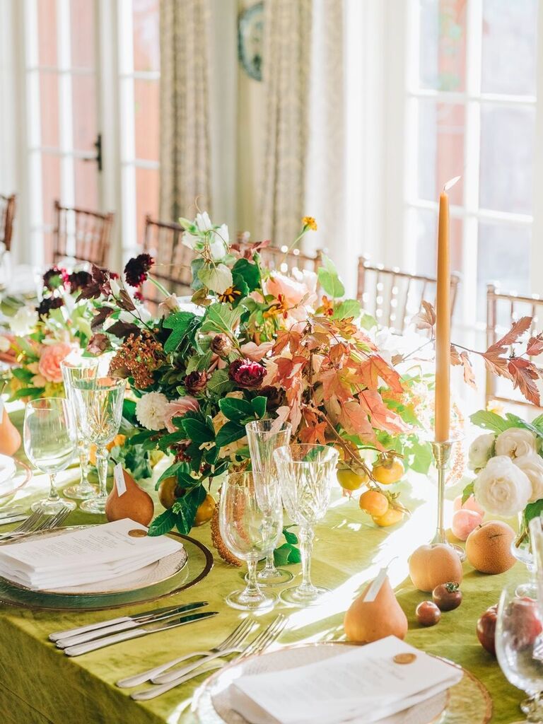 Sunlit pears apples stone fruit wedding table centerpieces