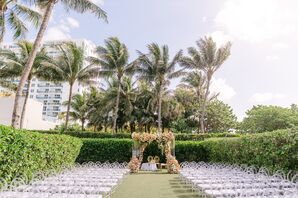 Traditional Indian Ceremony Space, Floral Mandap Altar, Outside Lawn With Palm Trees in Miami