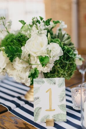 White Flower Centerpieces and Striped Table Runners