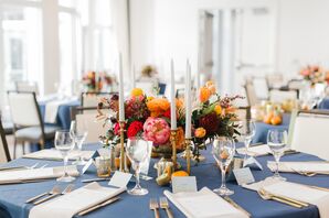 Tables with Blue Linens and Taper Candles for Georgia Wedding