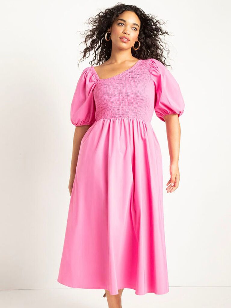 Pink A-line midi dress with smocked bodice and puff sleeves from ELOQUII 