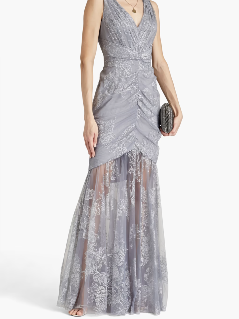 Gray ruched glitter tulle gown for older brides
