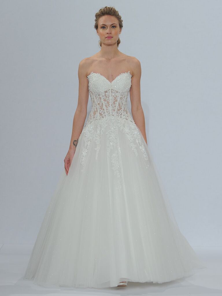 Randy Fenoli Spring 2018 strapless sweetheart full A-line tulle gown with crystal beaded cascading Venice lace appliqués and sheer midriff
