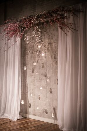 Altar Decor with Hanging Candles in Mason Jars and Cherry Blossoms