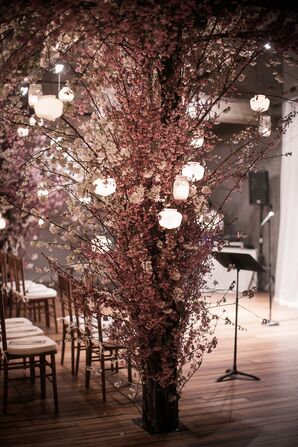 Pillars Adorned with Cherry Blossoms and Hanging Lanterns