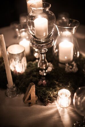 Candle Centerpieces with Moss and Gold Table Number