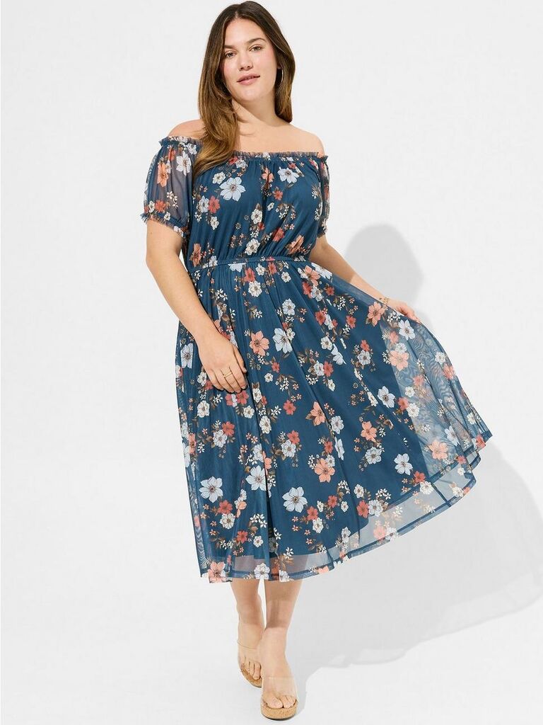 A blue, off-the-shoulder peasant dress with light blue and pink flowers from Torrid