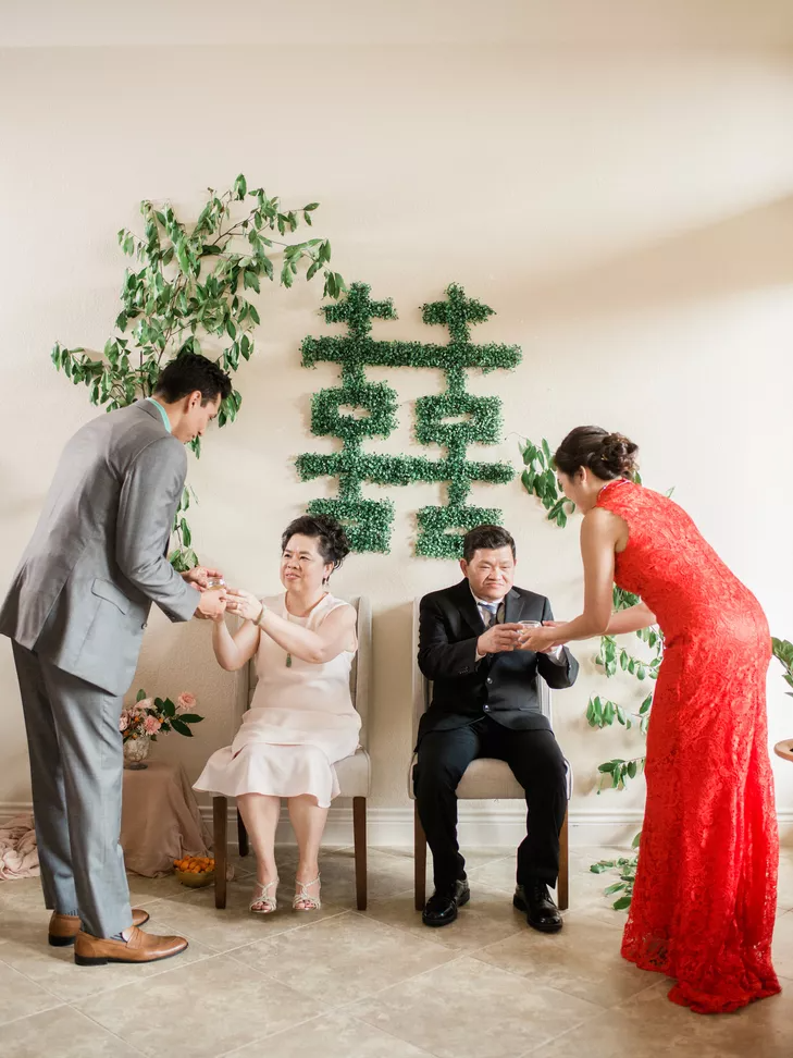 Chinese tea ceremony with double happiness sign