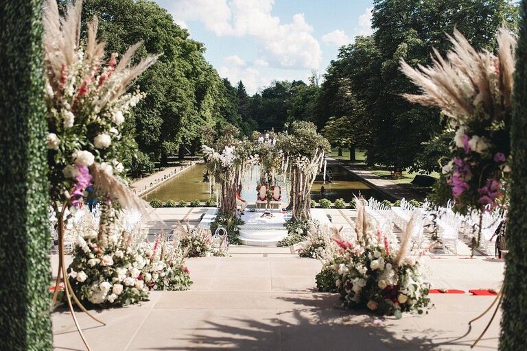 Boho mandap with pampas grass