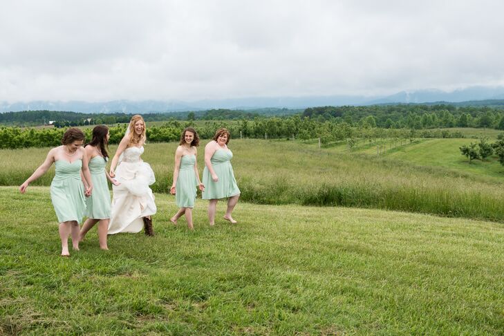 Rachel and Alex wanted a natural and romantic color palette that reflected springtime in the mountains.  "I found short, chiffon, pale green dresses for my bridesmaids that looked great next to my champagne colored skirt," says Rachel.