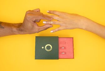 Couple trying on temporary engagement ring 