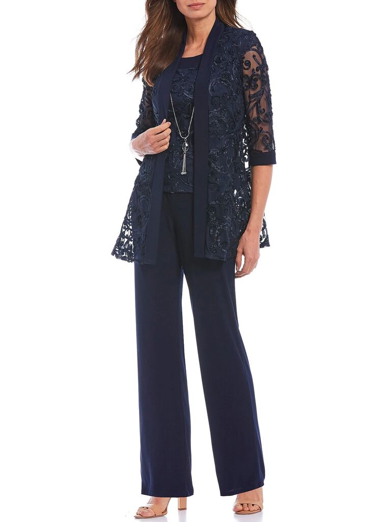 Dillard's petite grandmother-of-the-bride pantsuit with a navy lace jacket and mid-rise pants