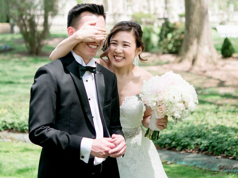 Bride and groom doing first look