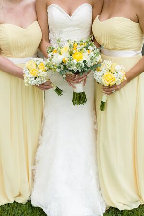 pale yellow lace bridesmaid dresses Light Yellow Satin A Line Mismatched Simple Long Bridesmaid Dresses, MBD298 main image 1