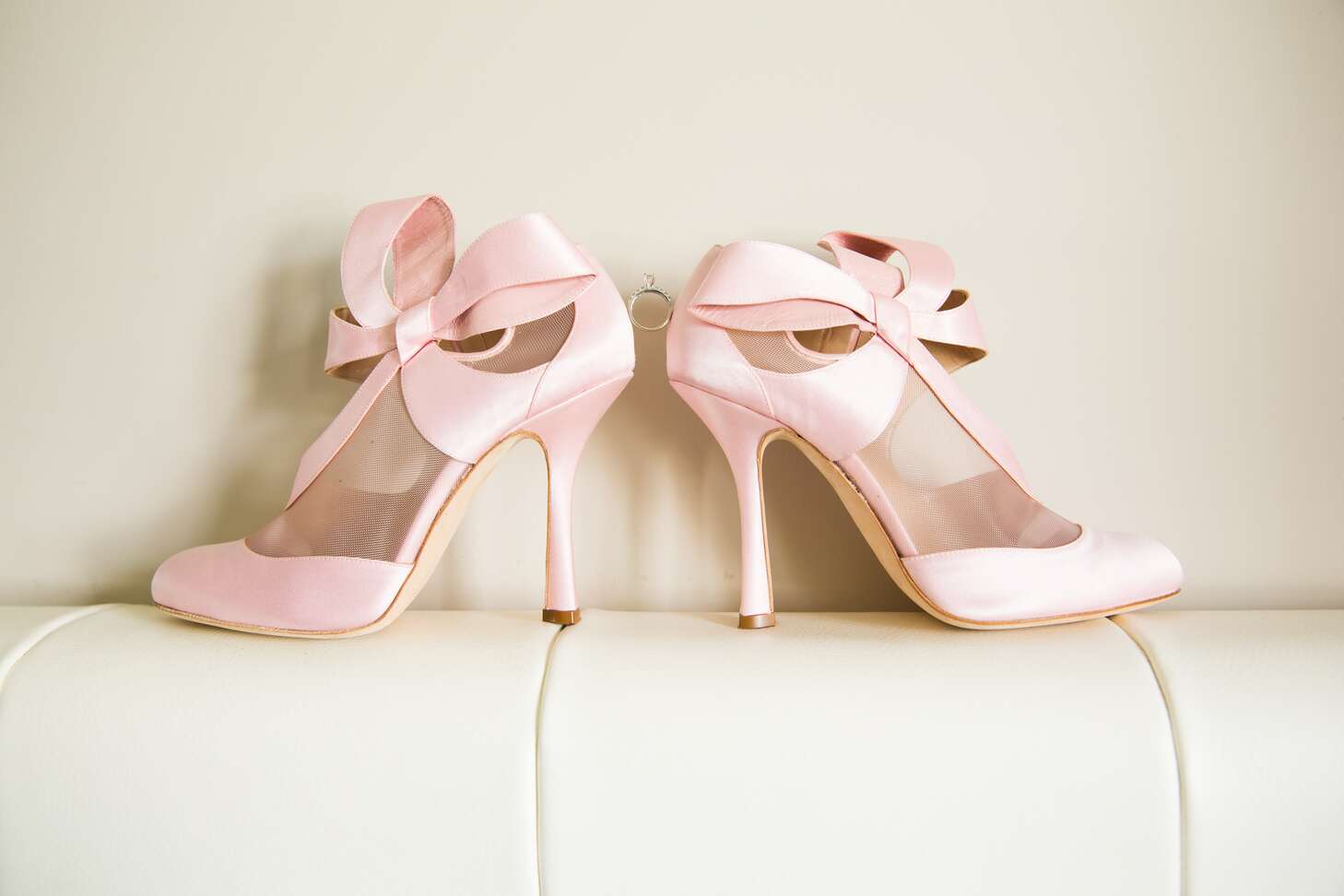 light pink high heels with bow