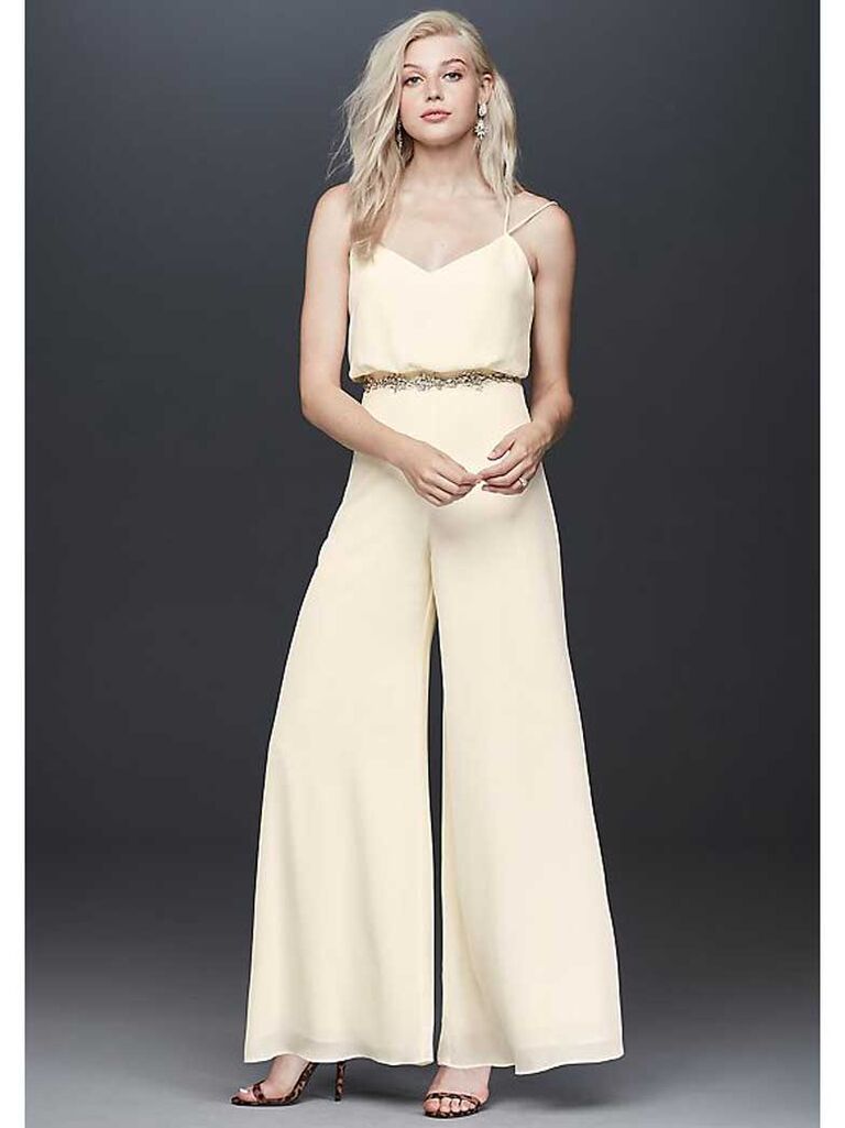 Ivory silk jumpsuit with wide pant legs