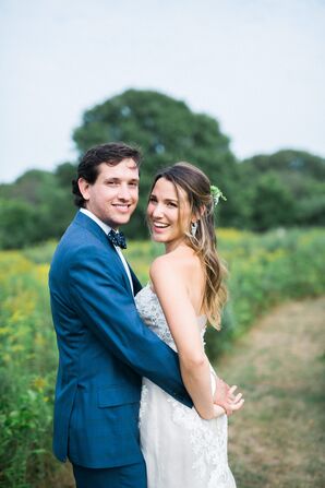 Blue Patterned Suit and Polka Dot Bow Tie
