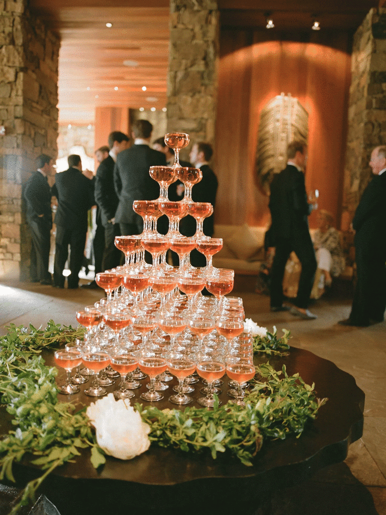 Pink champagne used for champagne tower centerpiece. 