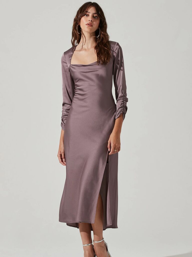 long-sleeve spring bridesmaid dress with ruched sleeves and midi skirt