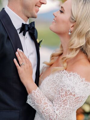 Bride With Pearl Earrings and Off-the-Shoulder Wedding Dress