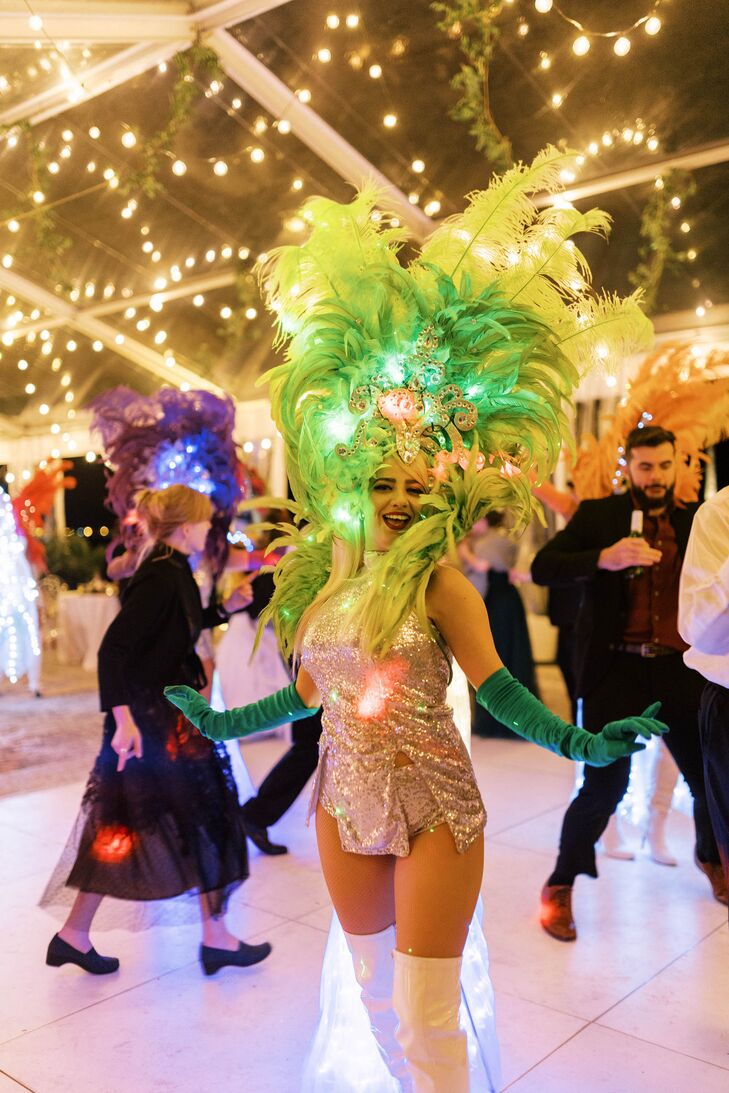 Costumed Dancers During Tented Wedding's Hora Loca, Crazy Hour, on the Dance Floor