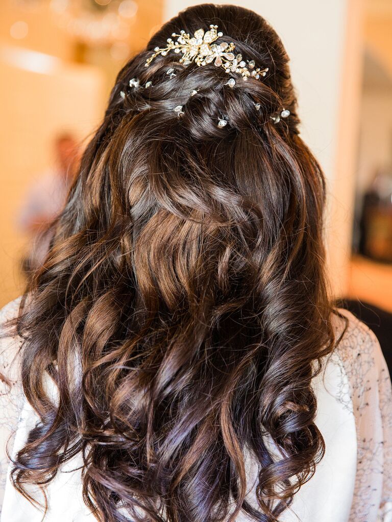 half up half down wedding hairstyle with sparkly barrette