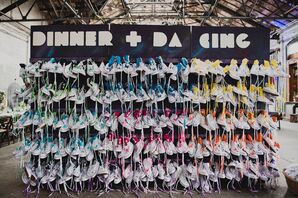 Custom Shoe Wall With Dyed Shoes for Each Guest as Escort Cards