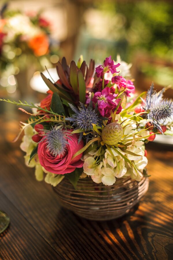 Rustic Pink Rose and Blue Thistle Centerpieces