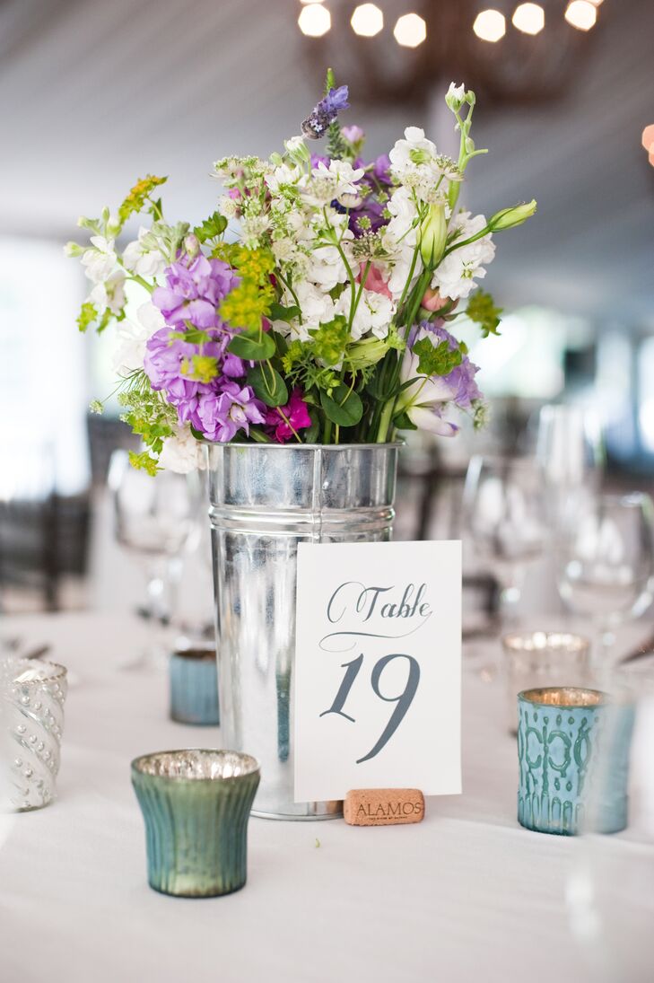 Gray and White Table Number with Wildflower Centerpiece