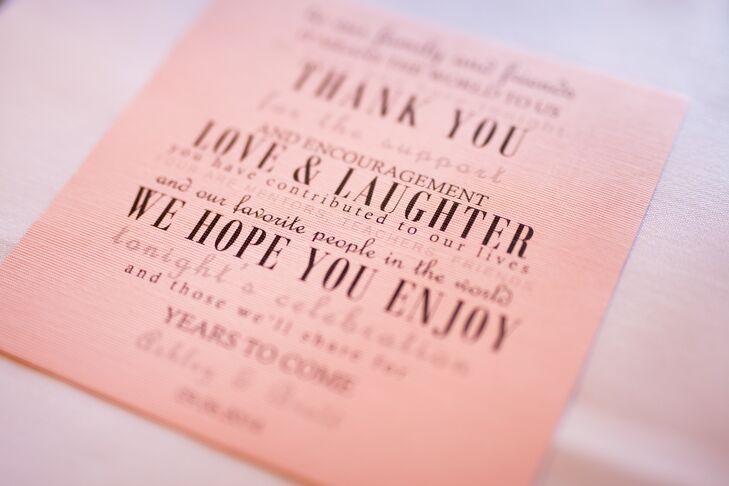 Ashley designed the simple pink and black thank you notes for each place setting.