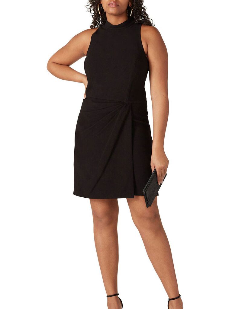 Sleeveless black mini fall wedding guest dress with mock neckline
