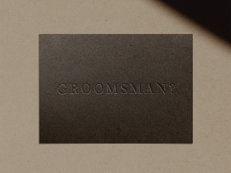 Dark brown cotton paper card with Groomsman? letterpressed