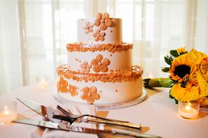 White and Coral Circle Decorated Wedding Cake