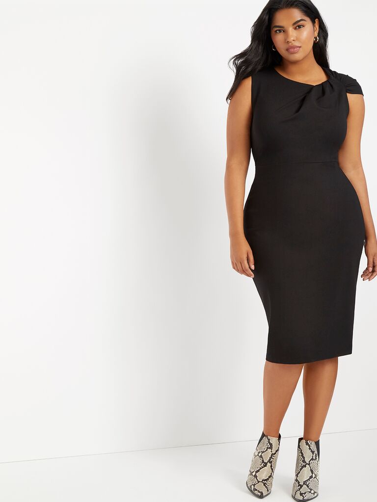 simple black spring wedding guest sheath dress for semi-formal or casual spring weddings