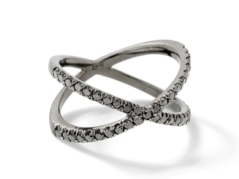 This double helix engagement ring is a stunner with two bands of black diamonds.
