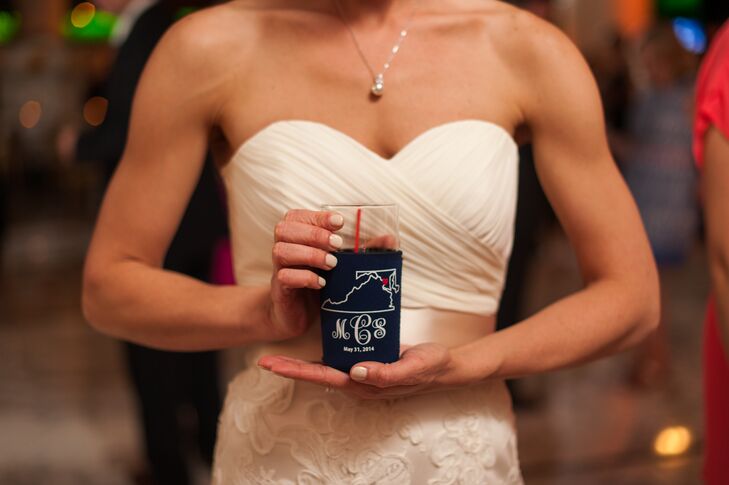 The bride's sister made wedding koozies for guests to take home that incorporated the bride's hometown in Virginia, the groom's upbringing in Maryland and Washington, D.C. for bringing the couple together.