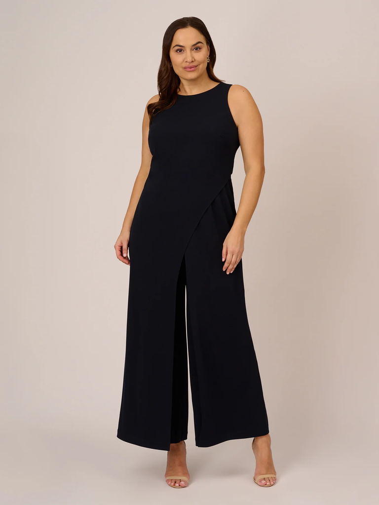A model wears this stylish sleeveless jumpsuit.