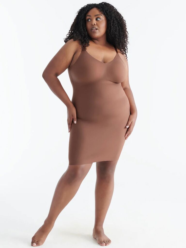 Model wearing wedding shapewear slip in nude hue