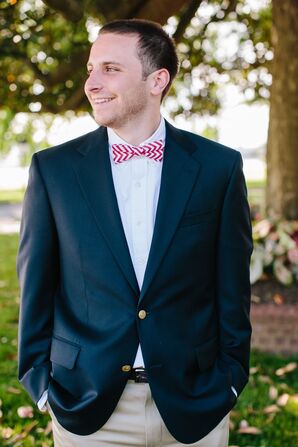 Groom in a Navy Blazer and Red Bow Tie