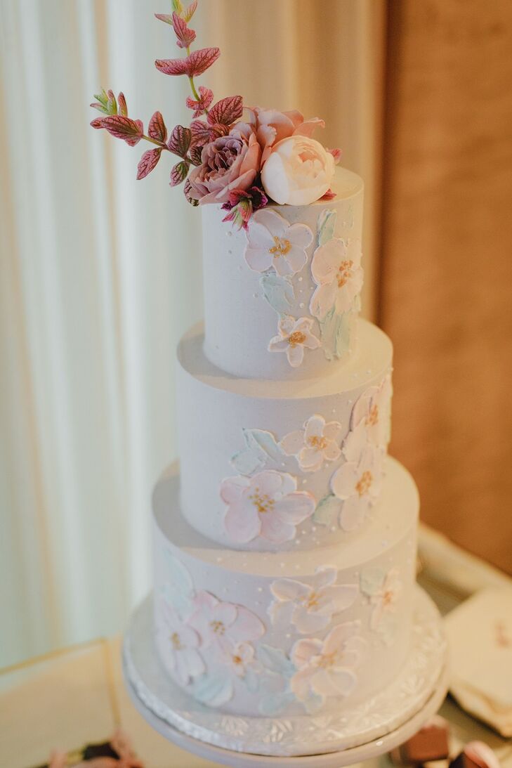 Romantic Tiered Fondant Wedding Cake with Flower Appliqués