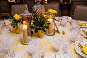 Yellow Print Linens and Beeswax Candle Centerpieces