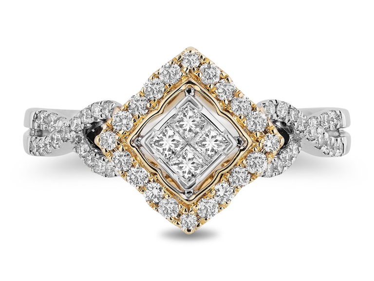 Princess shaped center diamond with gold setting and round diamonds halo on twisted band