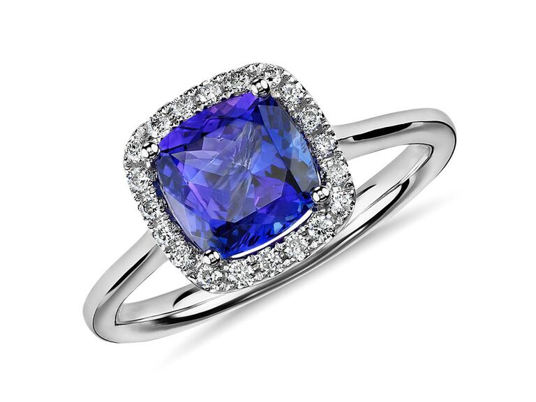blue nile tanzanite cushion cut engagement ring with round diamond halo and plain band