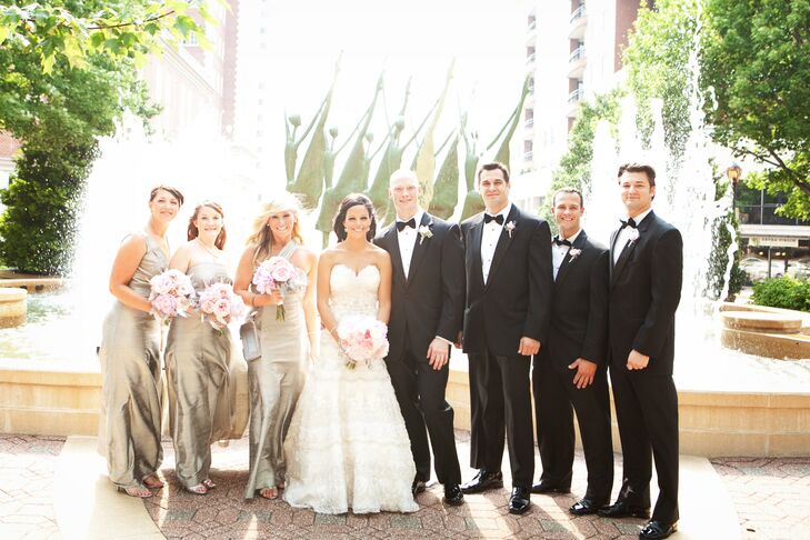 Katie wore an elegant strapless beaded gown with a sweetheart neckline. The guys all wore handsome black tuxedos, while the bridesmaids chose floor-length platinum silk dupioni dresses.