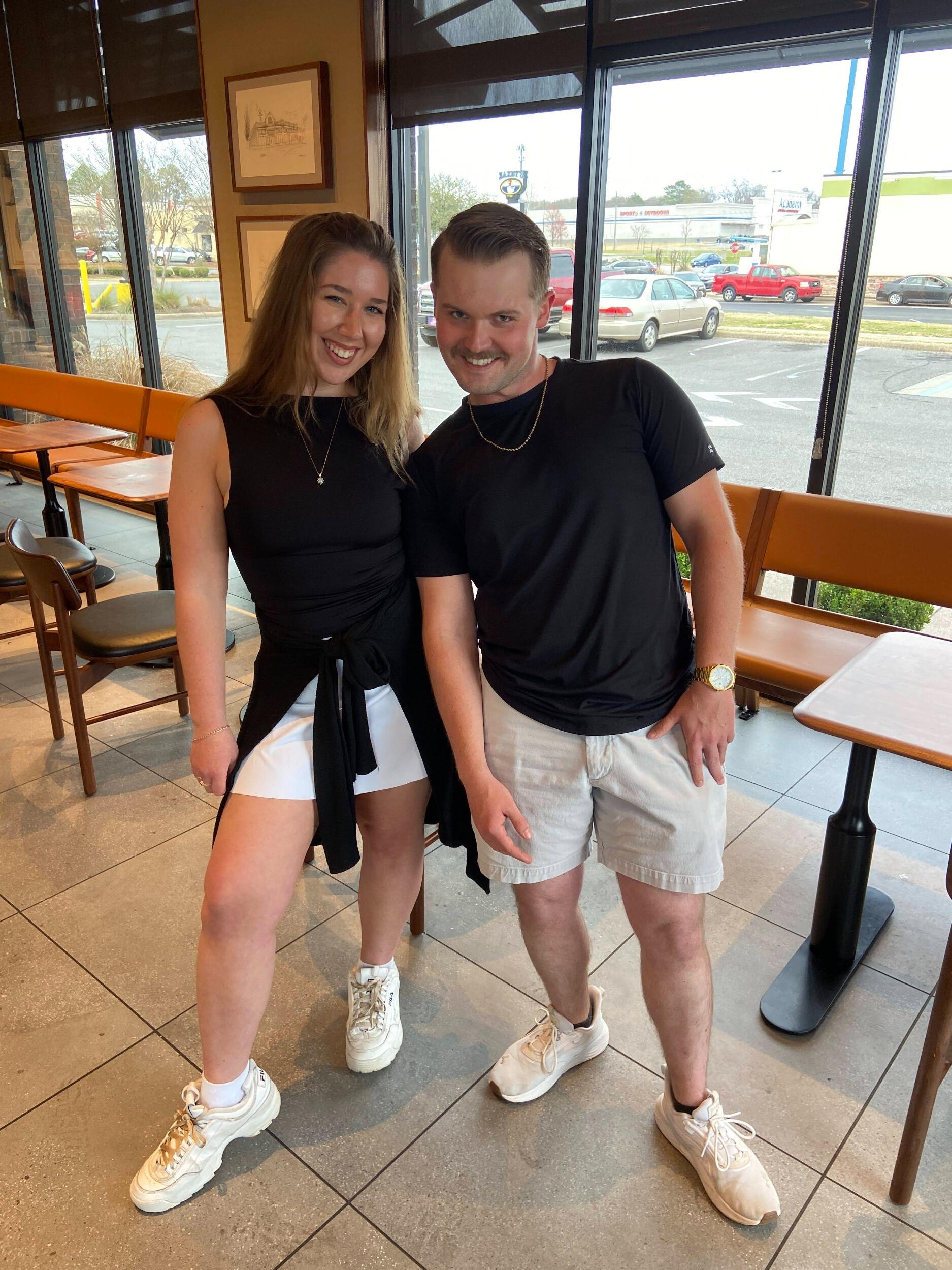 Realizing we were matching head-to-toe at Starbies :)