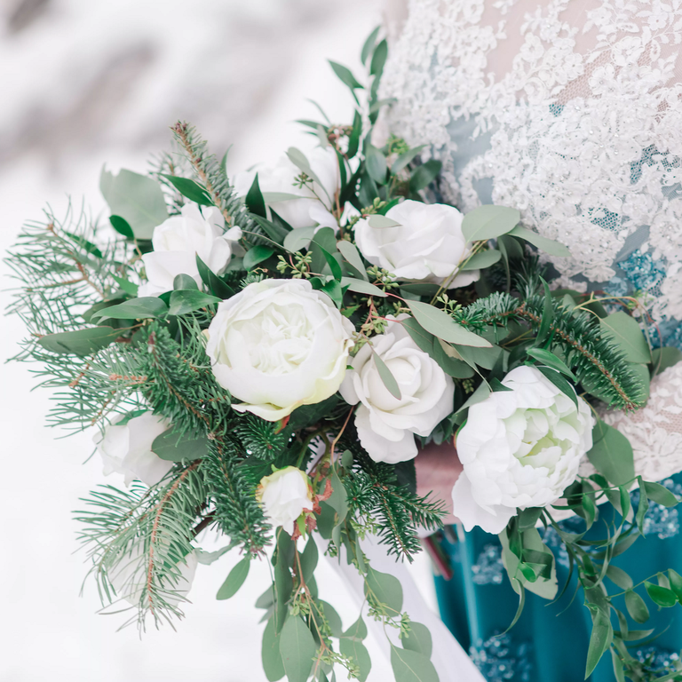 White rose and eucalyptus winter wedding bouquet