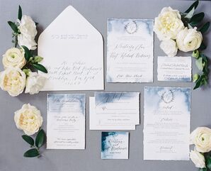 Blue Watercolor Invitation Suite with Calligraphy and Crest