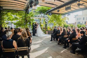 Two Brides at Rooftop Wedding Ceremony in NYC, Greenery/Tree Backdrop and Floral Chuppah