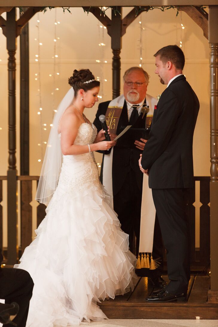 "The ceremony and reception were both held at the Cleveland Botanical Garden during their winter show, "Glow,” says Karen. “She described lots of decorated Christmas trees, white lights, gingerbread houses, and the perfect magical holiday theme that we were looking for. It fit so well with our vision.”