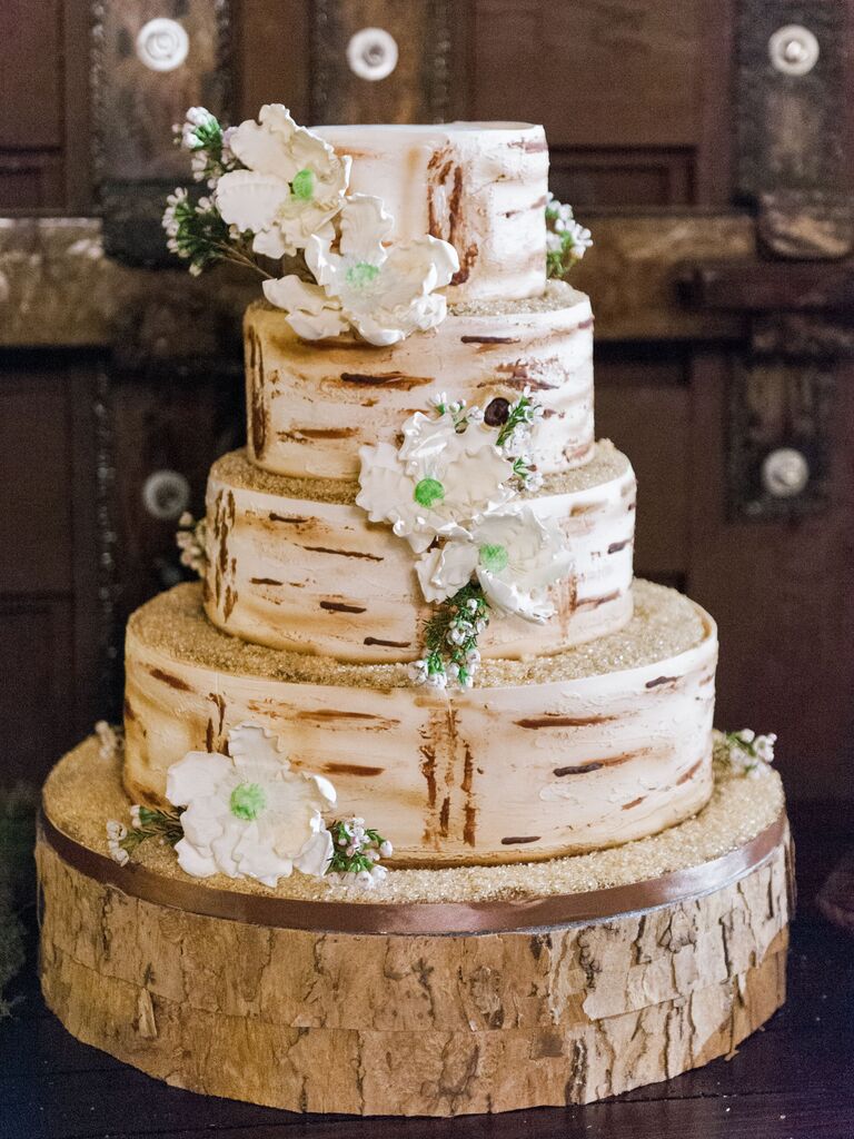 rustic wedding cake with faux bois wooden design 